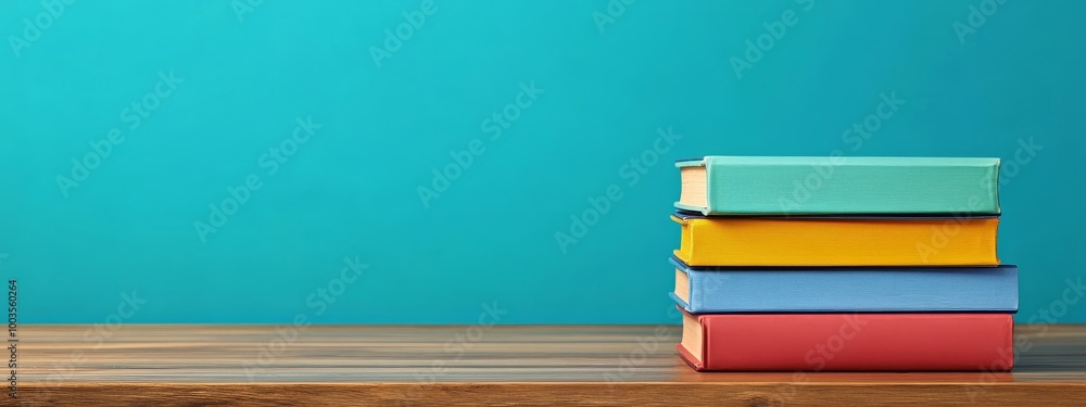 Poster a stack of colorful books on a wooden table with a blue background.