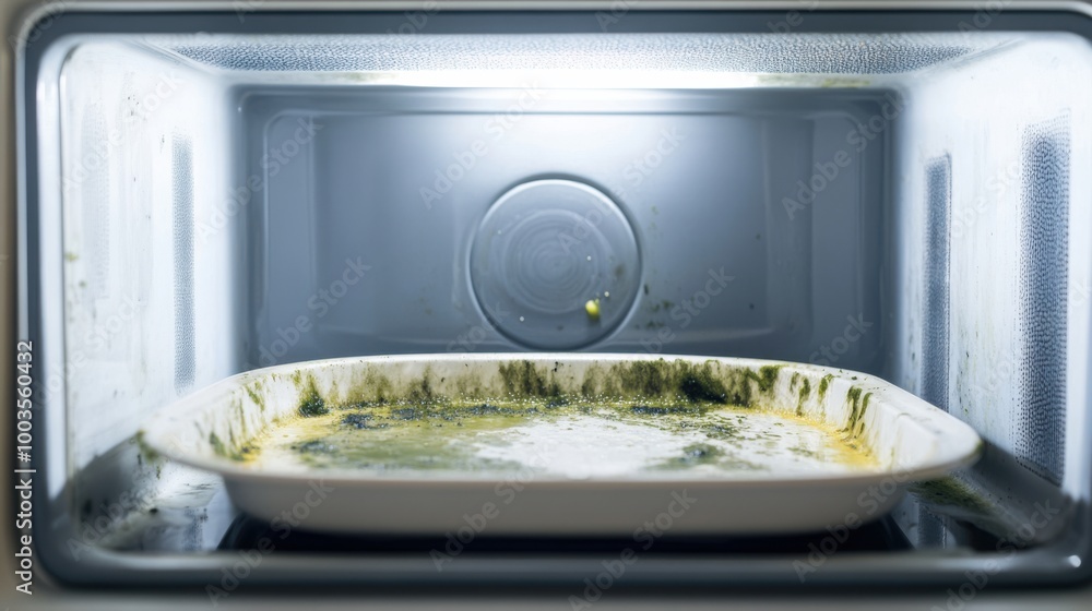Poster mold growing inside a microwave, explaining how to clean and sanitize to prevent mold from