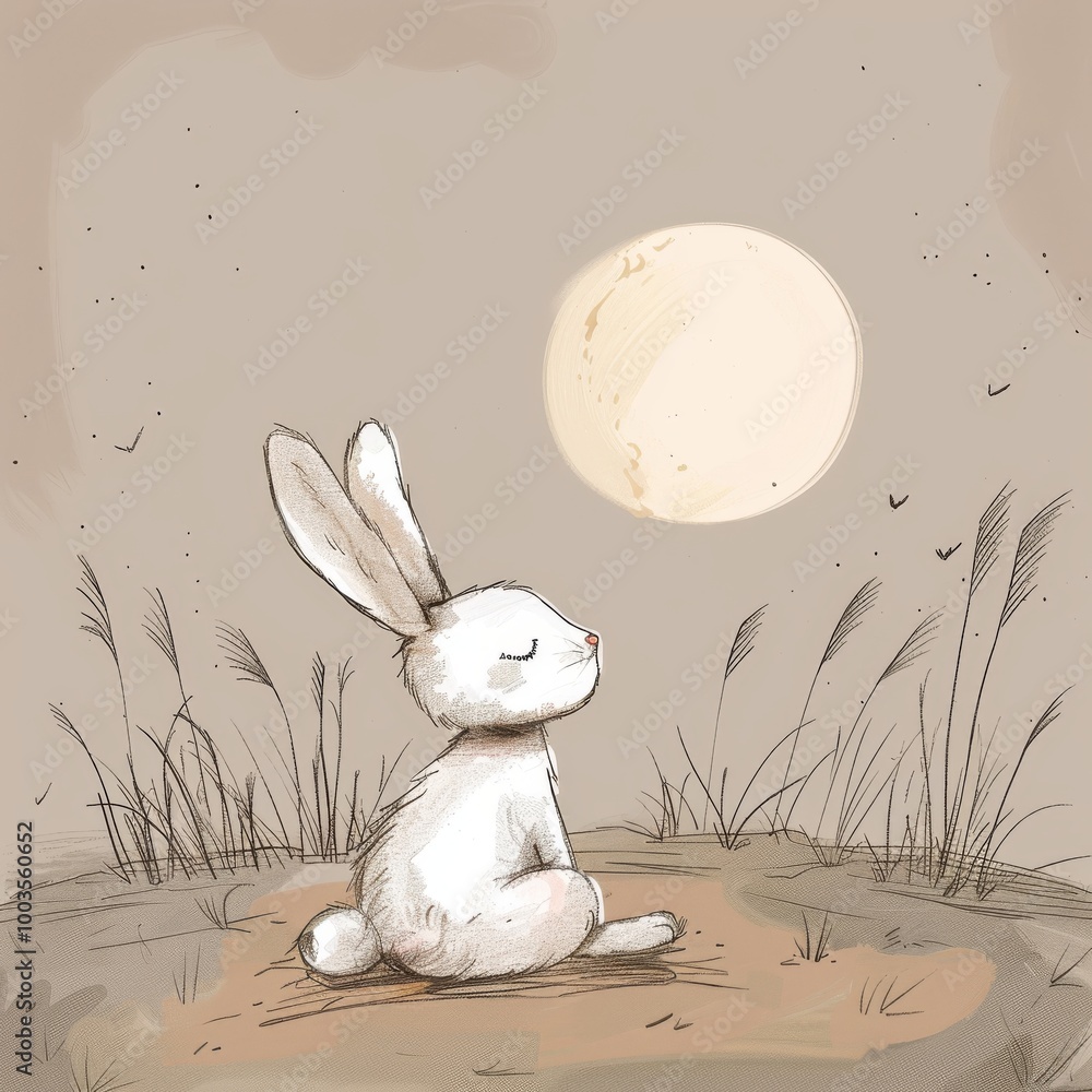 Poster a rabbit is sitting in the grass and looking up at the moon. the moon is full and bright, casting a 