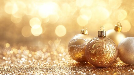 Festive golden christmas baubles with sparkling shiny background for holiday decorations and celebrations