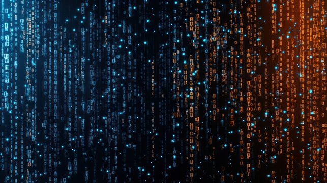A futuristic digital background of binary code in blue and orange.