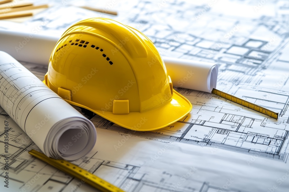 Poster a yellow hard hat, a rolled up blueprint, and a yellow measuring tape sit on a table with a blueprin