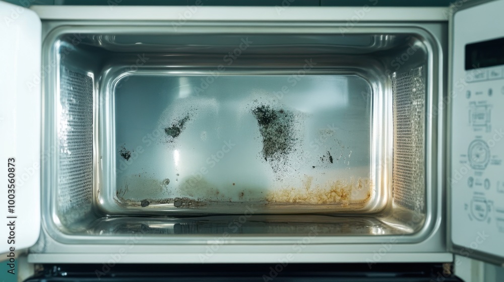 Poster mold growing inside a microwave, explaining how to clean and sanitize to prevent mold from