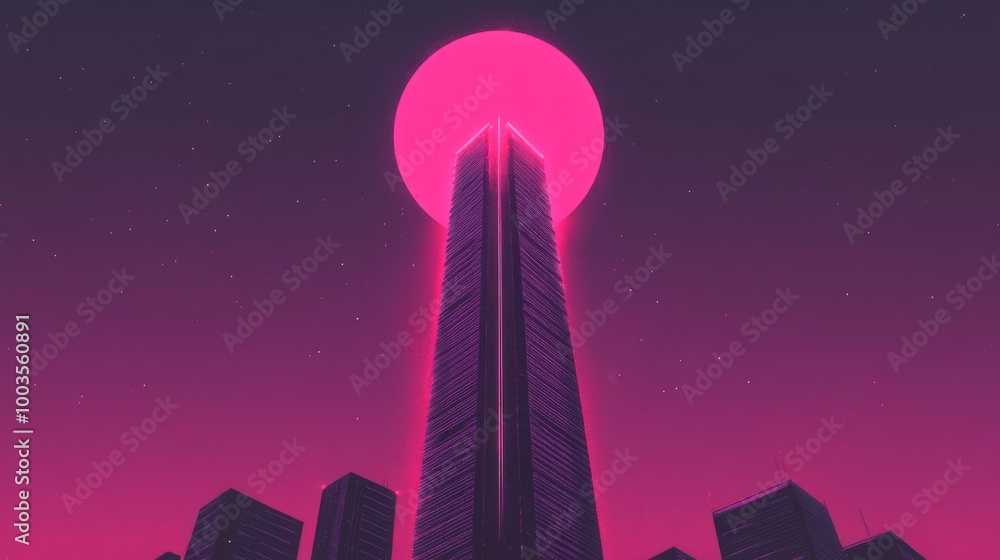 Poster minimalist depiction of a skyscraper with a unique synthwave theme, emphasizing simplicity.