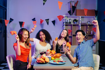 Celebration with friends enjoying food, drinks, and laughter at a lively house party. Perfect for themes of joy, togetherness,