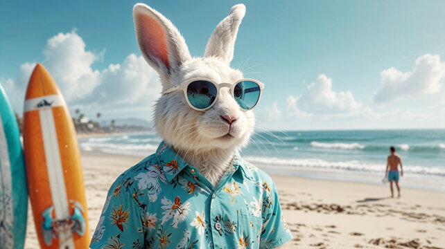 Hase mit Surfbrettern am Strand