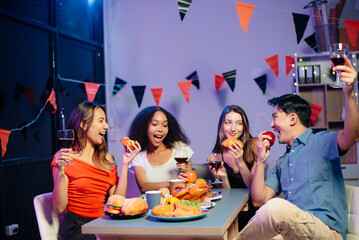 Celebration with friends enjoying food, drinks, and laughter at a lively house party. Perfect for themes of joy, togetherness,