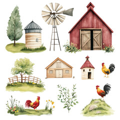 Isolated on white background clip art whimsical watercolor farmhouse elements like barns, windmills, and roosters, with a rustic countryside feel.