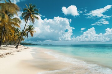 A tranquil beach with white sand, clear turquoise water, and palm trees swaying in the gentle breeze under a bright blue sky with fluffy white clouds.