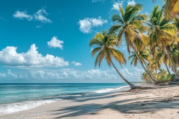 Fototapeta premium A tropical beach with white sand, turquoise water, and palm trees.