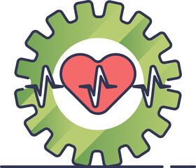 A heart with a heartbeat line inside a gear symbolizes the integration of health and wellbeing.