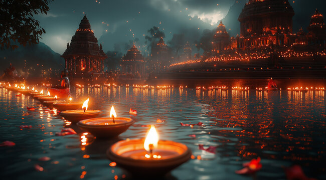 Burning candles in water for Diwali holiday, created with Generative AI technology.