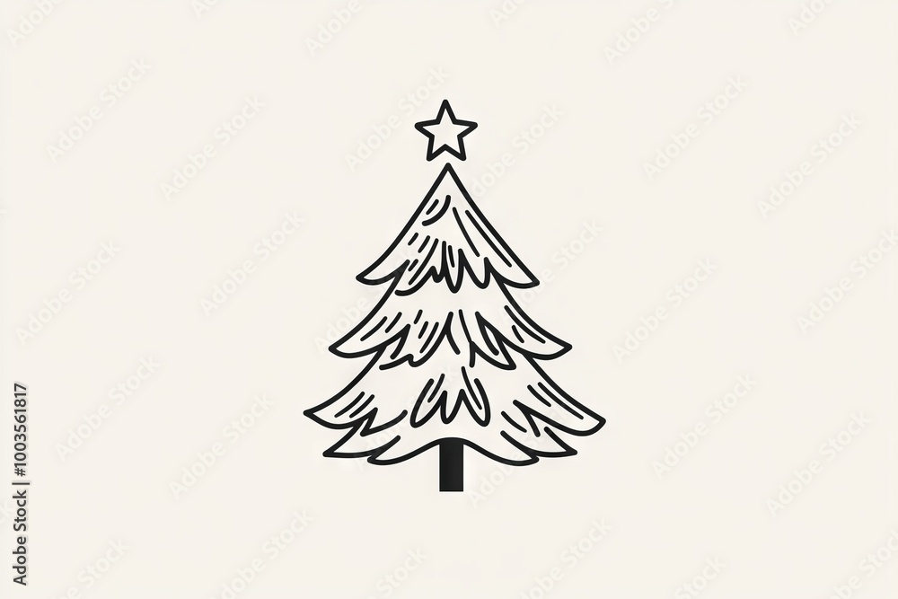 Poster a tree with a star on top of it. the tree is drawn in black and white. the tree is the main focus of
