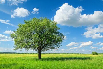 A single, large tree stands in the middle of a green grassy field under a blue sky with puffy white clouds.