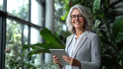 Fototapeta premium Professional businesswoman in HR, middle-aged, holding a tablet and beaming confidently as she