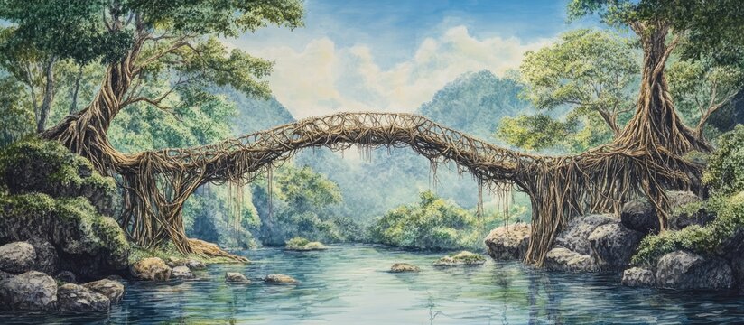 Painting of a renowned double decker living root bridge created by weaving tree roots together over many years
