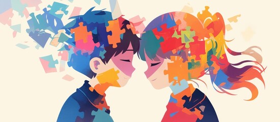Artwork featuring a boy and girl for Autism awareness designed as a head banner template suitable for backgrounds banners placards cards and poster designs with text elements in standard colors