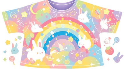 Kawaii style vector design of a t shirt for kids featuring a rainbow print along with candies peach strawberry and a bunny for textile fashion