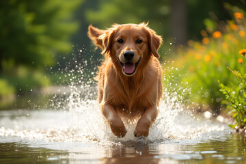 Happy golden retriever dog is running through the water in nature on a sunny day