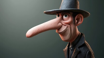 Concept of a con artist as a scammer and swindler depicted with a long nose and a deceptive mask in a 3D illustration style