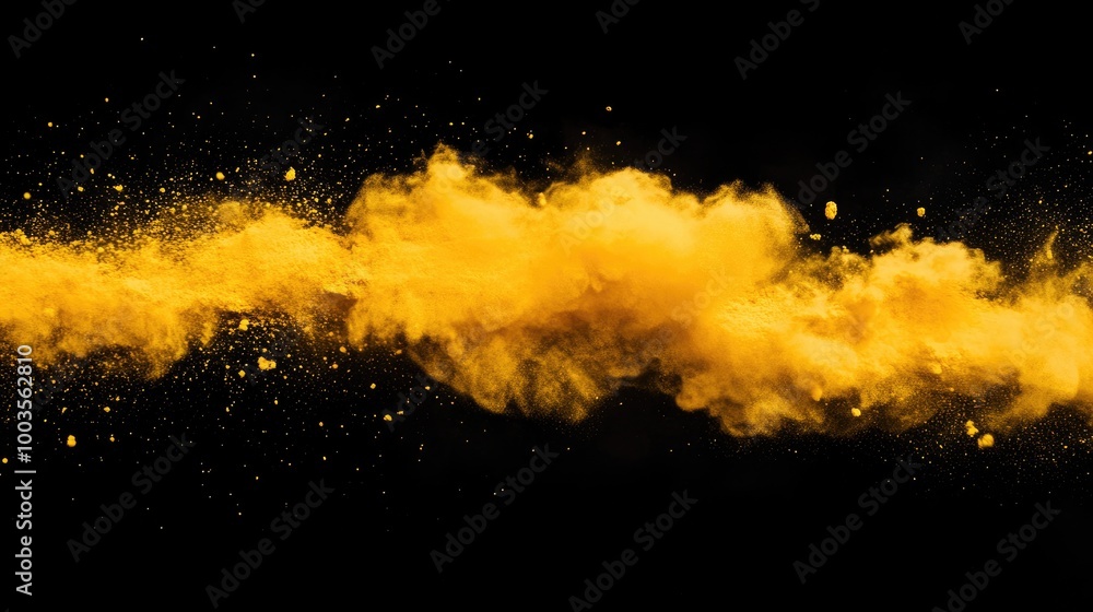 Poster yellow powder explodes against a black background creating an abstract and colorful display