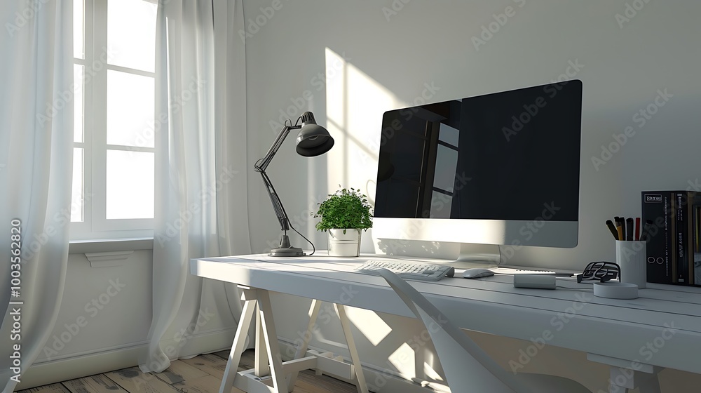 Poster minimalist home office with a white desk, computer, and natural light streaming through the window. 