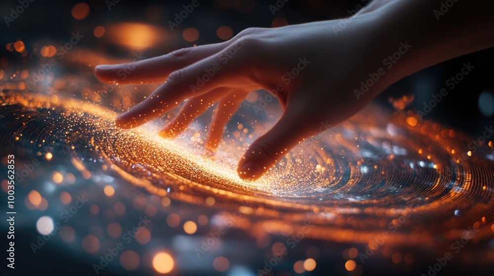 Poster hand interacting with a swirling data stream visualization of data processing in the background