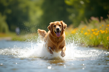 Happy golden retriever dog is running through the water in nature on a sunny day