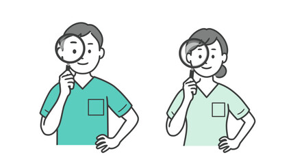 虫眼鏡を持つ歯科医男女の上半身イラスト