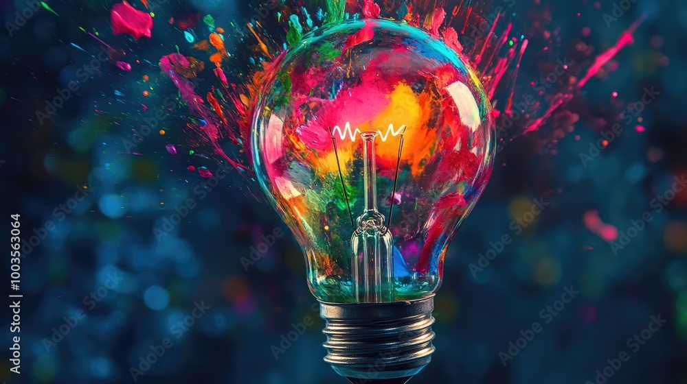 Poster an artistic light bulb bursts releasing a vibrant array of paint and colors symbolizing creativity a