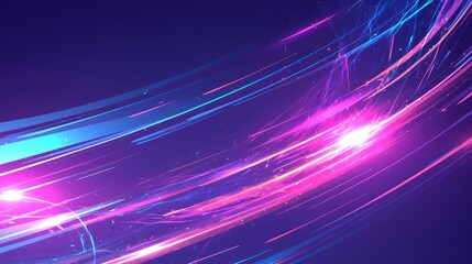 Abstract neon colored technological banner featuring curved metal stripes illuminated by laser beams set against a backdrop of overlapping wavy shapes with glare and glow Vector design