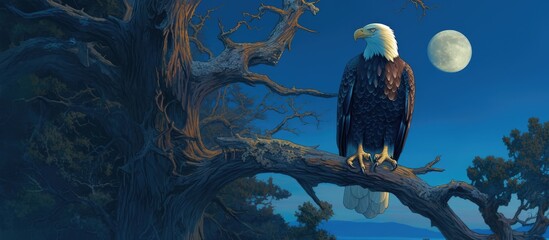 Fototapeta premium Bald eagle perched in a tree with a moonlit background