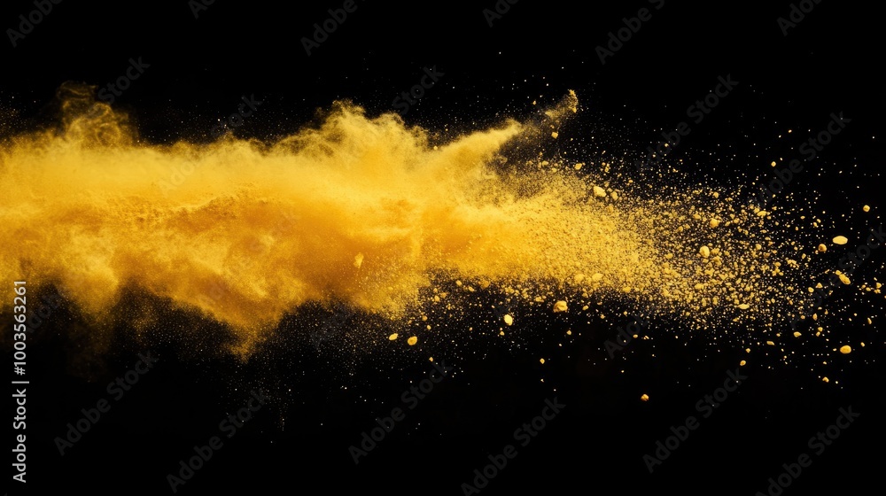 Poster yellow powder explodes against a black background creating an abstract and colorful display