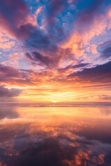 Fototapeta premium A breathtaking sunset over calm waters, showcasing vibrant hues of orange, pink, and purple reflecting on the surface, Ideal for nature-themed projects, travel brochures, or calming backgrounds,
