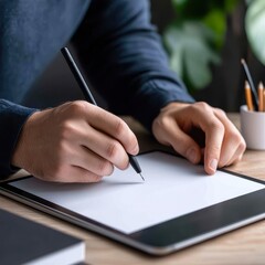 A close-up of a person writing on a tablet, surrounded by stationary and plants, showcasing digital creativity and productivity, Ideal for articles on technology, remote work, and education,
