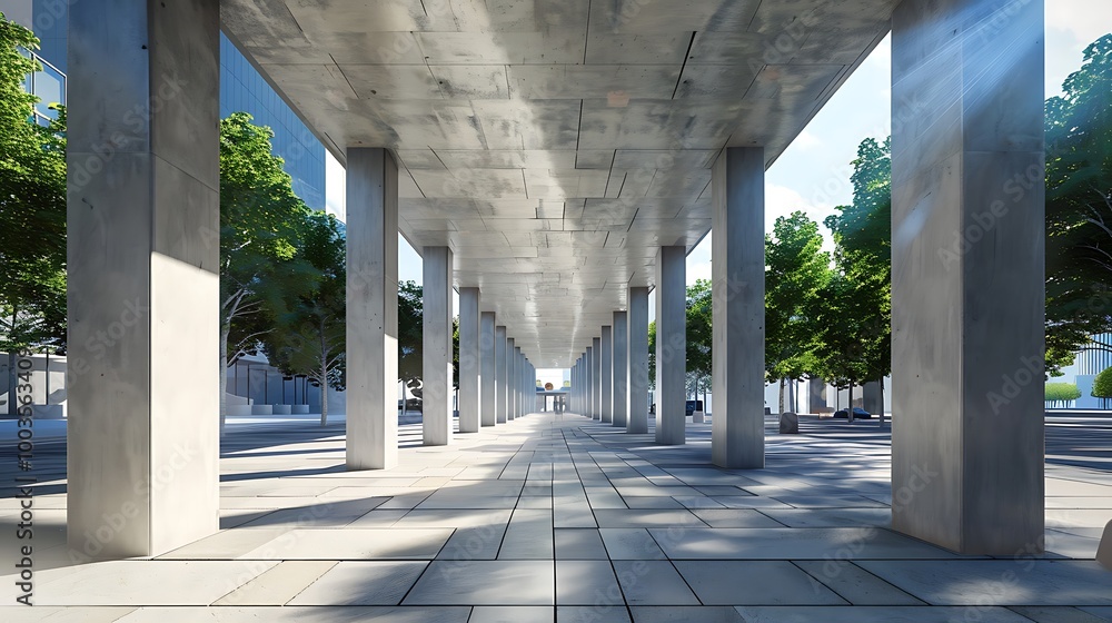 Aufkleber walkway lined with concrete columns creating a modern and minimalist architectural design.