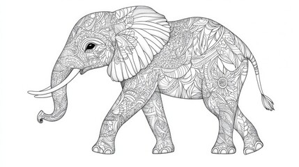 Hand drawn zentangle illustration of a cute elephant for a coloring book on a white background