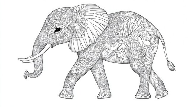 Hand drawn zentangle illustration of a cute elephant for a coloring book on a white background