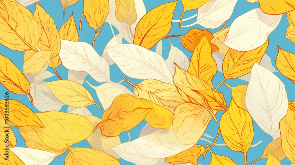 Poster light blue and yellow vector hand painted background featuring an abstract pattern of colorful leave
