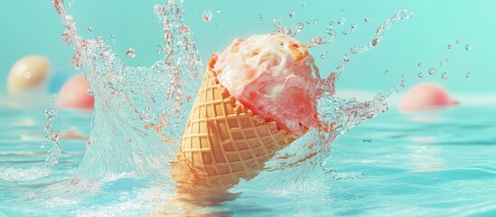 Joyful summer pool scene featuring a person diving into cool water creating a splash in an ice cream cone perfect for seasonal activities and festive vibes with 3D artistic elements