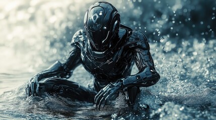 Futuristic armored warrior kneeling with one leg resting surrounded by dynamic water waves