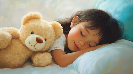 Toddler girl with dark hair peacefully sleeps in bed alongside her beloved teddy bear dreaming sweetly with her favorite toy by her side