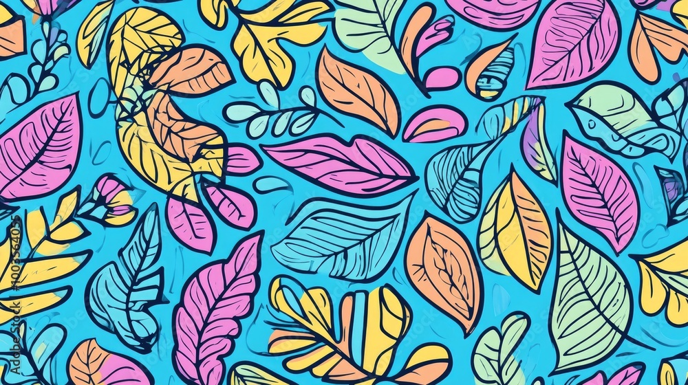 Poster light blue vector sketch pattern featuring a colorful abstract design with leaves in a doodle style 