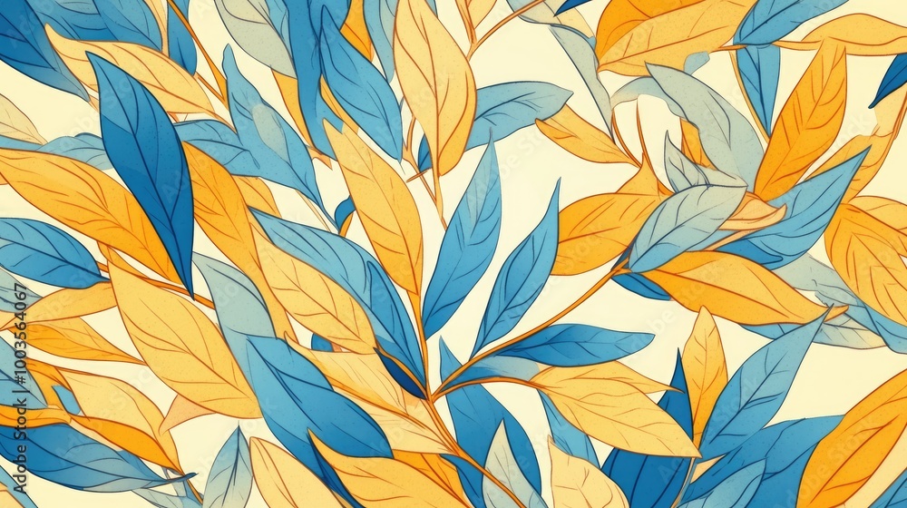 Poster light blue and yellow vector hand painted background featuring an abstract pattern of colorful leave