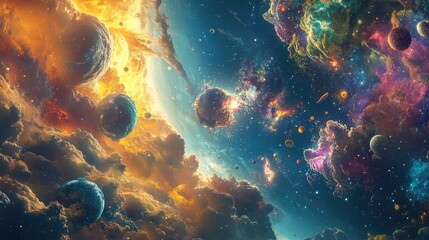Obraz premium Child s Imaginative Journey Through Vibrant Space Worlds of Abundance and Wealth