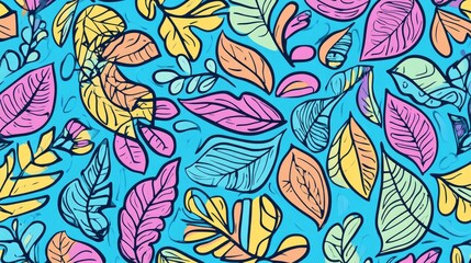 Fototapeta premium Light blue vector sketch pattern featuring a colorful abstract design with leaves in a doodle style suitable for coloring books and pages for children