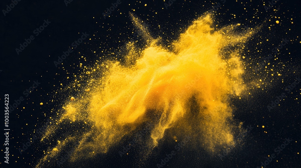 Poster yellow powder explodes against a black background creating an abstract and colorful display