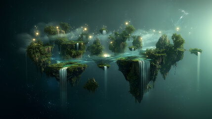 Fantasy 3D Scene of Floating Islands with Waterfalls, generative ai