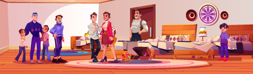 Police officer arrest male burglar dressed in women clothes in hotel room with beds and sofa, two men and teenage children, treasure chest and suitcase with pipe. Cartoon vector illustration.