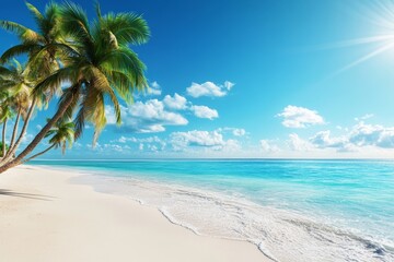 A tropical beach with palm trees, white sand, and clear turquoise water.